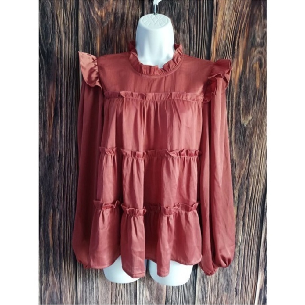 Mittoshop Metallic shinny pink ruffle longsleeve blouse - medium